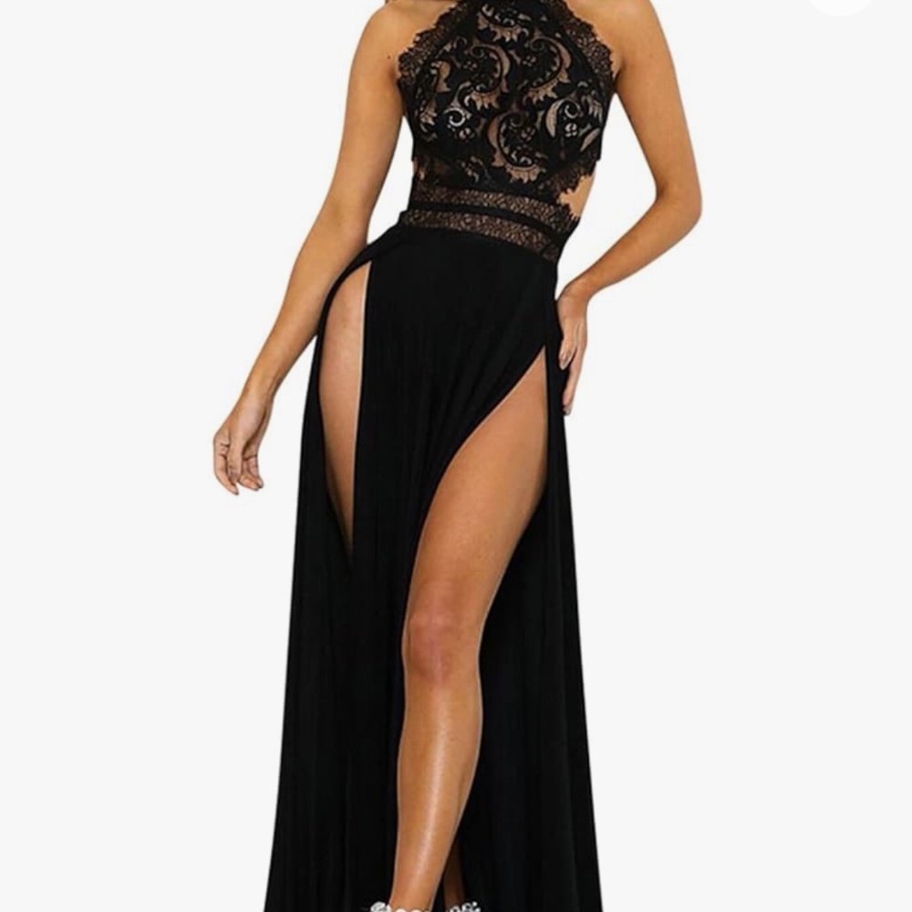 Lace Halter Backless Maxi Dress